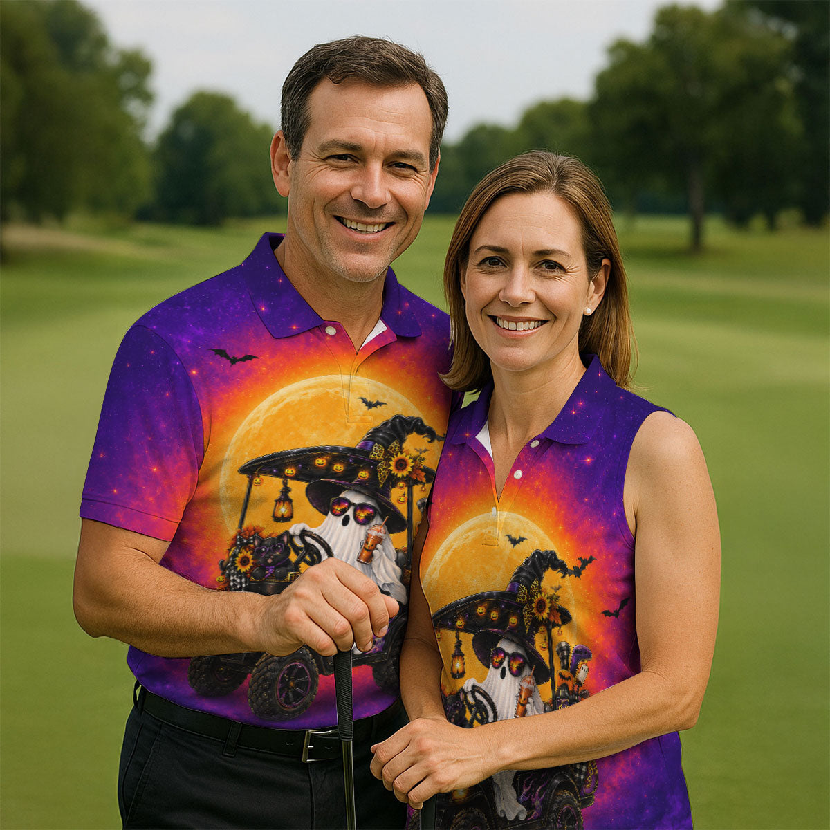 Funny Halloween Ghost Golf Cart Polo Shirt, Polo Shirts For Men, Mens Golf Shirts