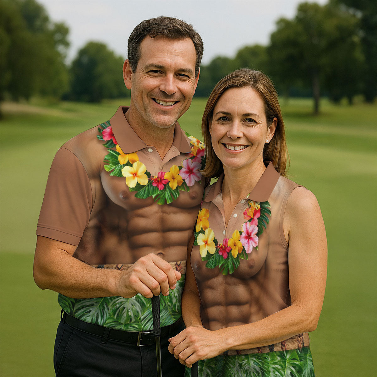 Floral Lei Tropical Theme Party Funny Costume Hawaiian Golf Shirt, Polo Shirts For Men