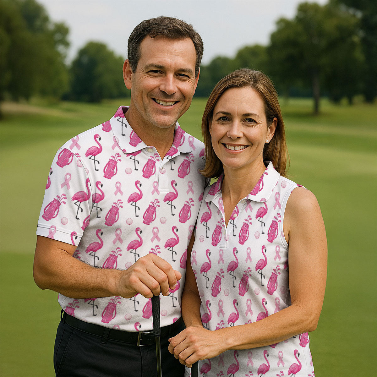 Pink Flamingo Golf Bag Breast Cancer Polo Shirt, Men's Golf Shirt, Printed Golf Shirts