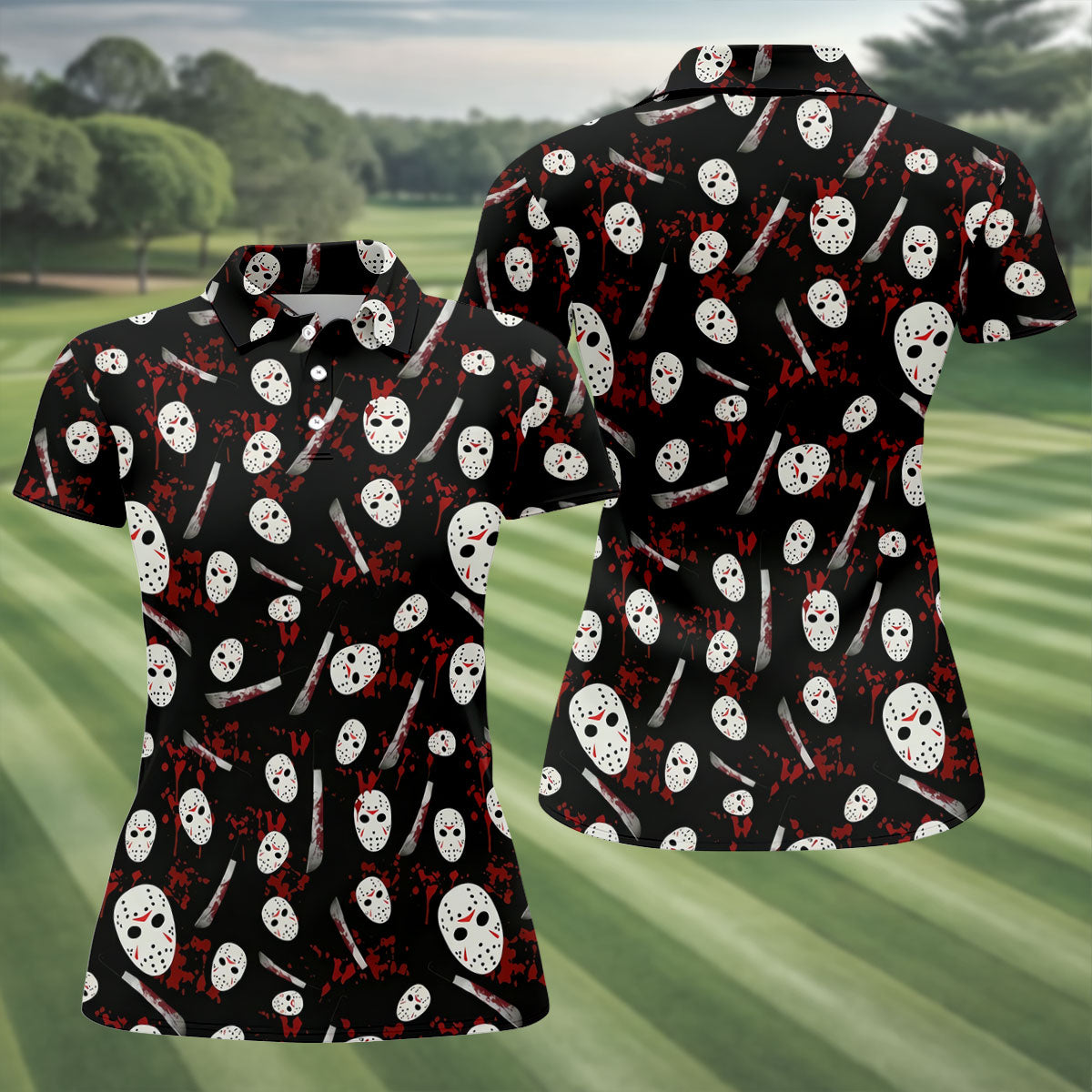 Hockey Mask Blood Pattern Halloween Golf Polo Shirt, Ladies Golf Tops, Golf Shirts For Women