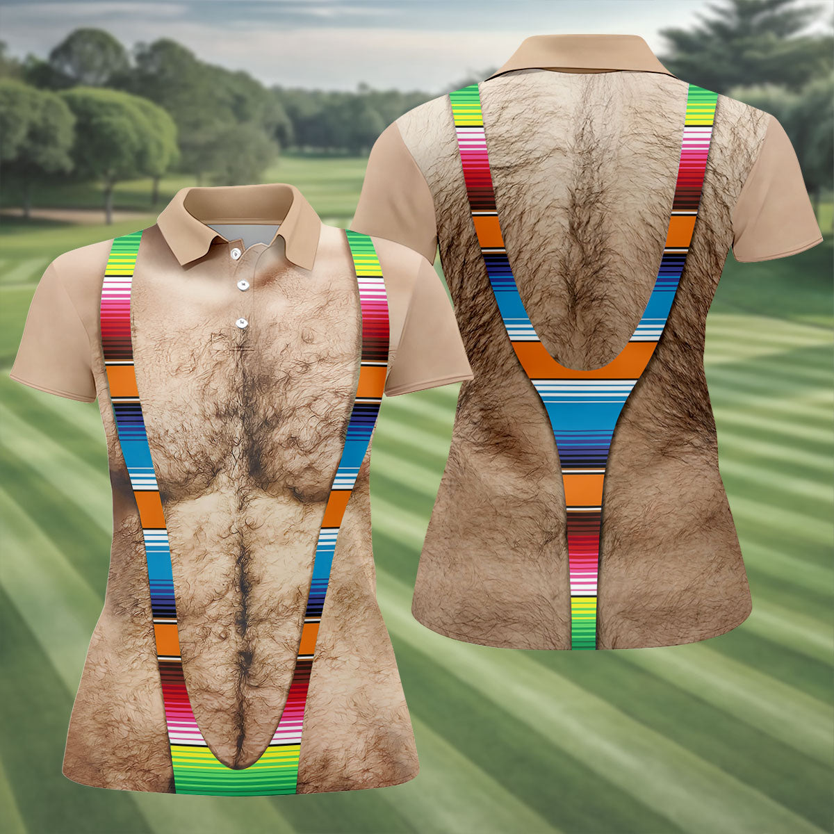 Hairy Body Serape Pattern Funny Cinco De Mayo Ladies Golf Tops, Golf Shirt For Women