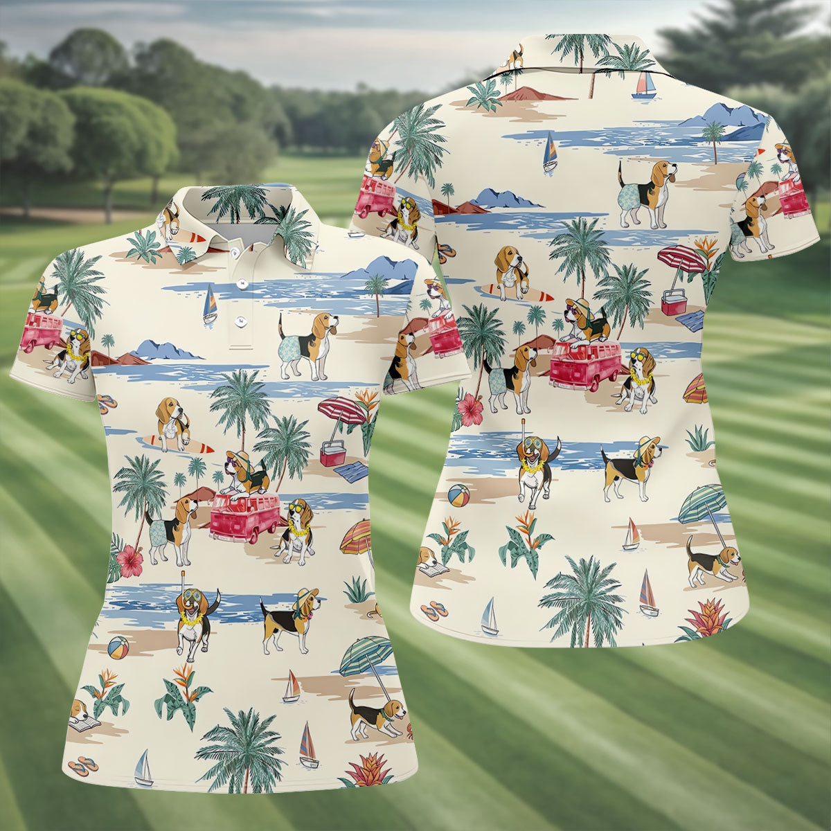 Cute Beagle Beach Vacation Tropical Golf Polo Shirt, Golf Shirts For Women, Women's Golf Apparel