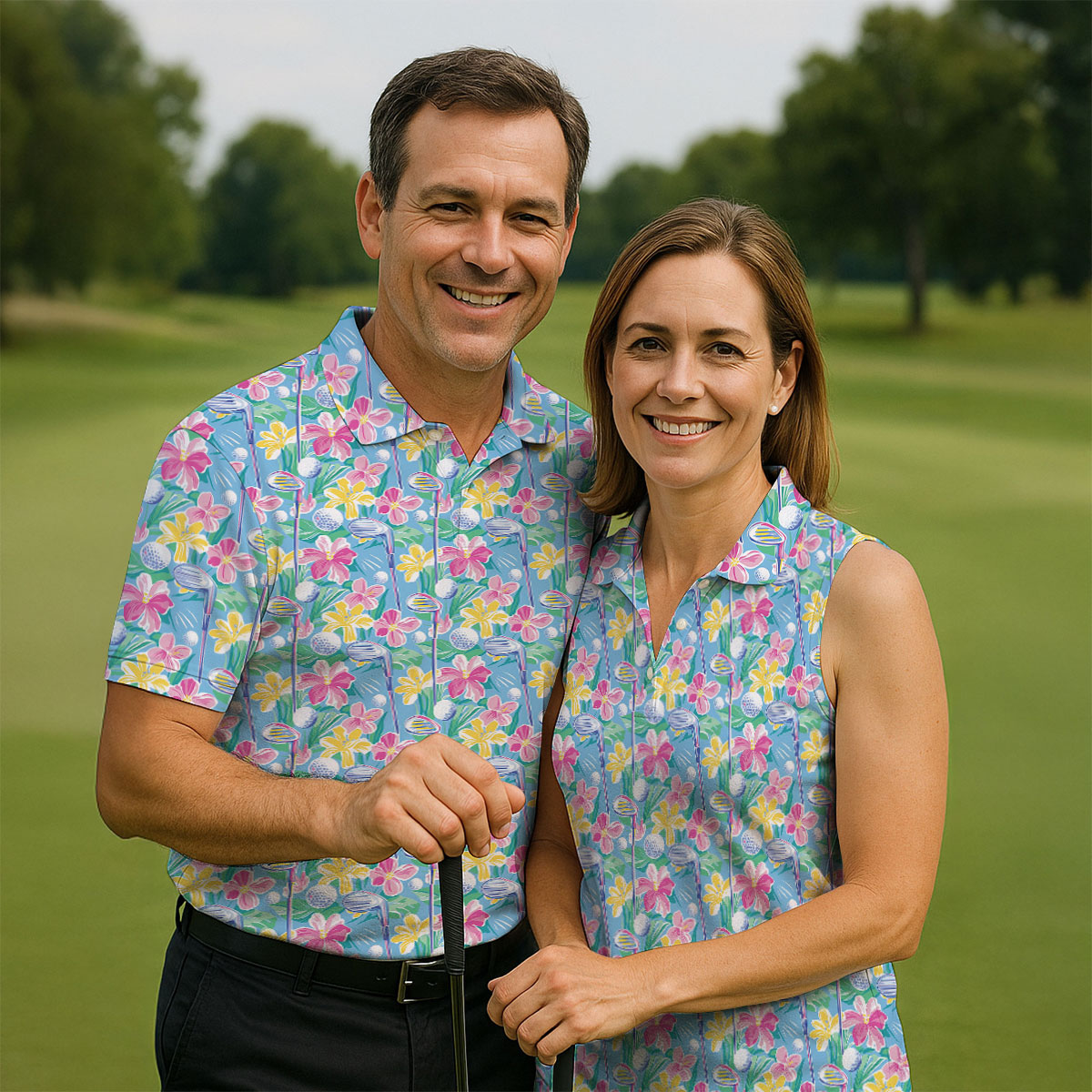 Tropical Floral Golf Clubs Hawaiian Golf Polo Shirt, Men's Golf Shirt, Golf Apparel For Men