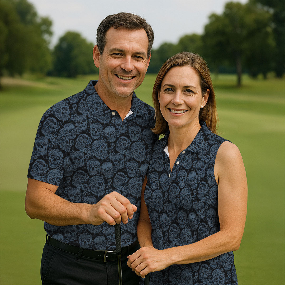 Gothic Sugar Skull Pattern Golf Polo Shirt, Golf Shirts For Women, Women’s Golf Polo