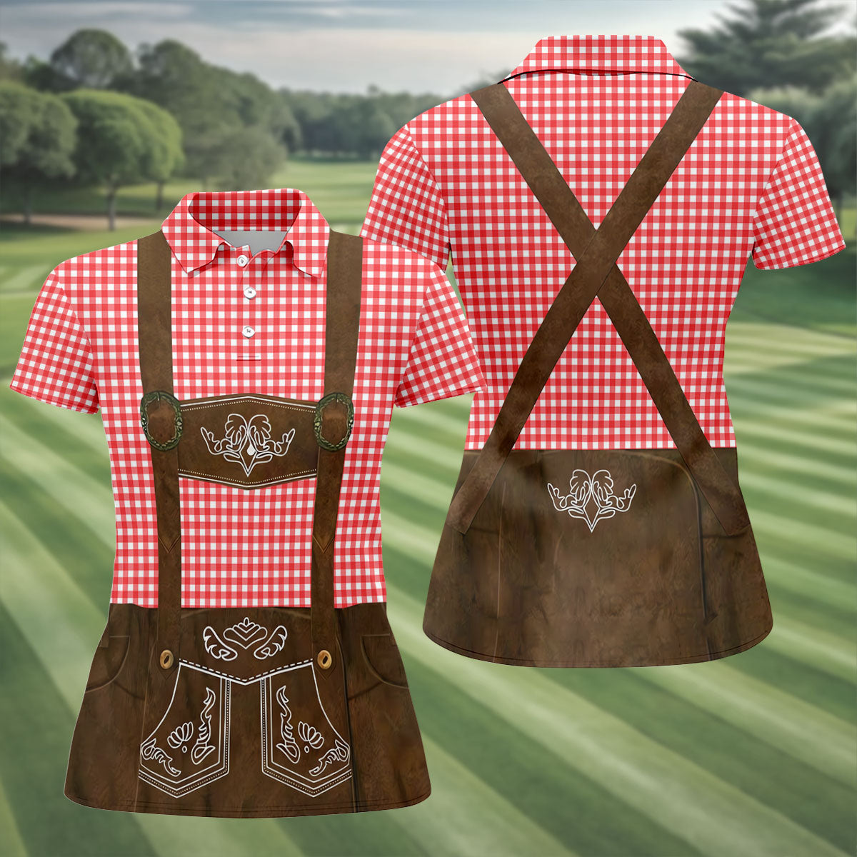 Women's Red Oktoberfest Lederhosen Illusion Sleeveless Golf Polo, Golf Shirts For Women, Women's Golf Apparel