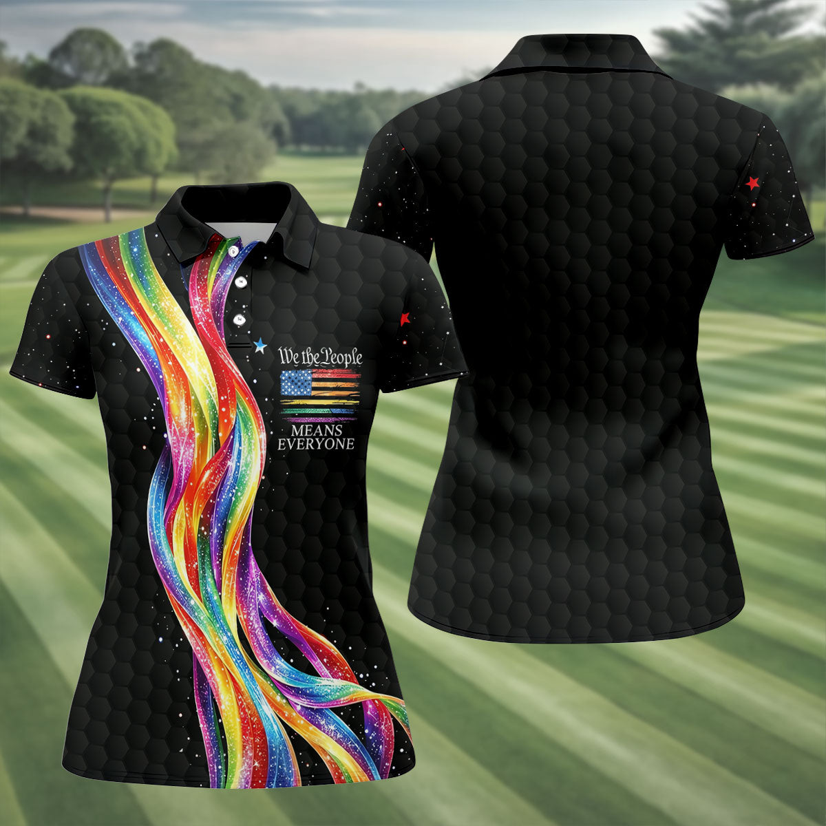 We The People Means Everyone LGBT Rainbow Ladies Golf Tops, Pride Month Celebrate Golf Shirt For Women