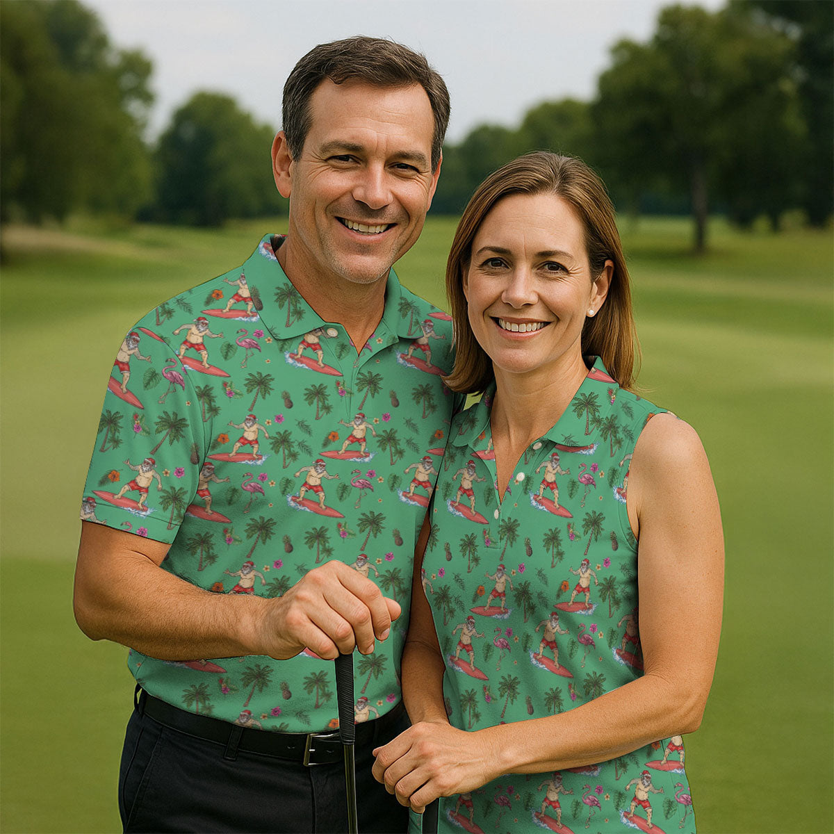 Santa Surfing Flamingo Tropical Golf Shirt, Christmas Golf Shirt, Golf Apparel For Men