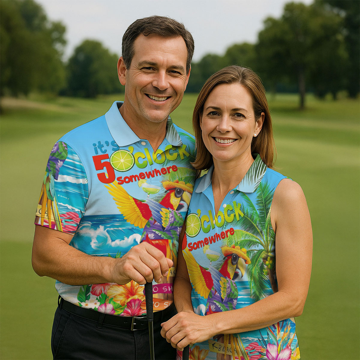 It's 5 O'Clock Somewhere Tropical Parrot Hawaiian Golf Shirt, Men's Funny Golf Shirts