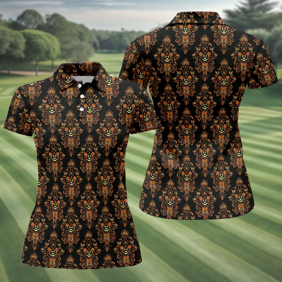 Haunted Face Wallpaper Halloween Golf Polo Shirt, Women's Golf Shirt, Golf Tops For Women