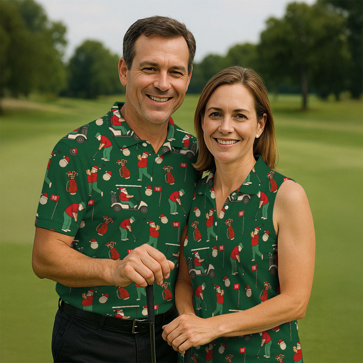 Golfing Santa Green Christmas Golf Tops For Men, Men's Funny Golf Shirts, Christmas Golf Shirt