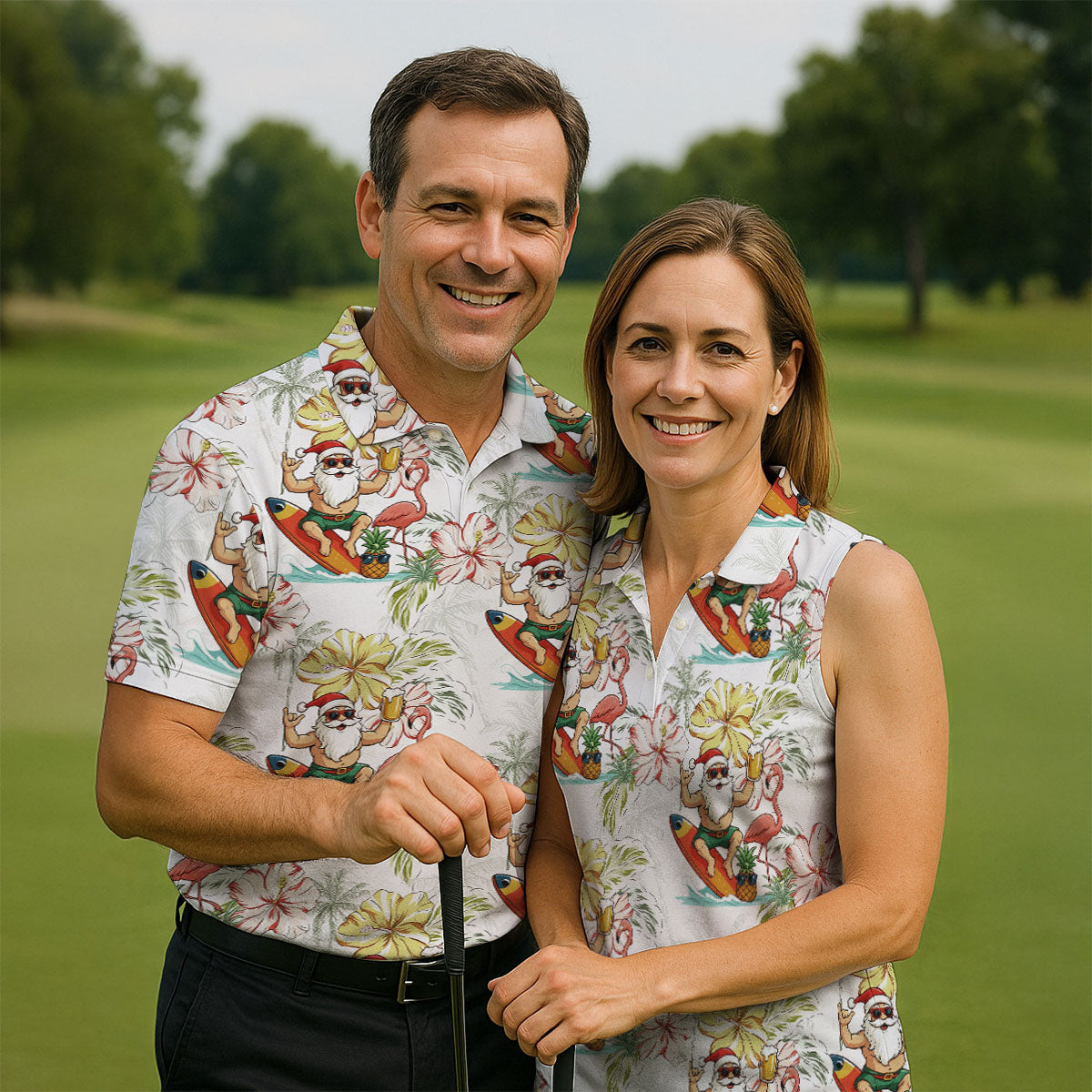 Surfing Santa Hawaiian Golf Shirt, Fun Men's Golf Polos, Christmas Golf Shirt, Golf Gift For Men