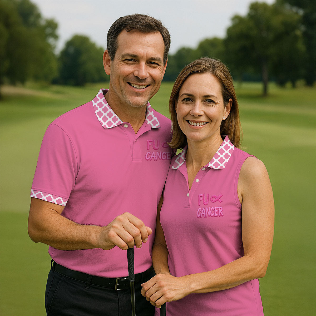 Pink F Cancer Skeleton Middle Finger Breast Cancer Polo Shirt, Men's Golf Shirt, Printed Golf Shirts