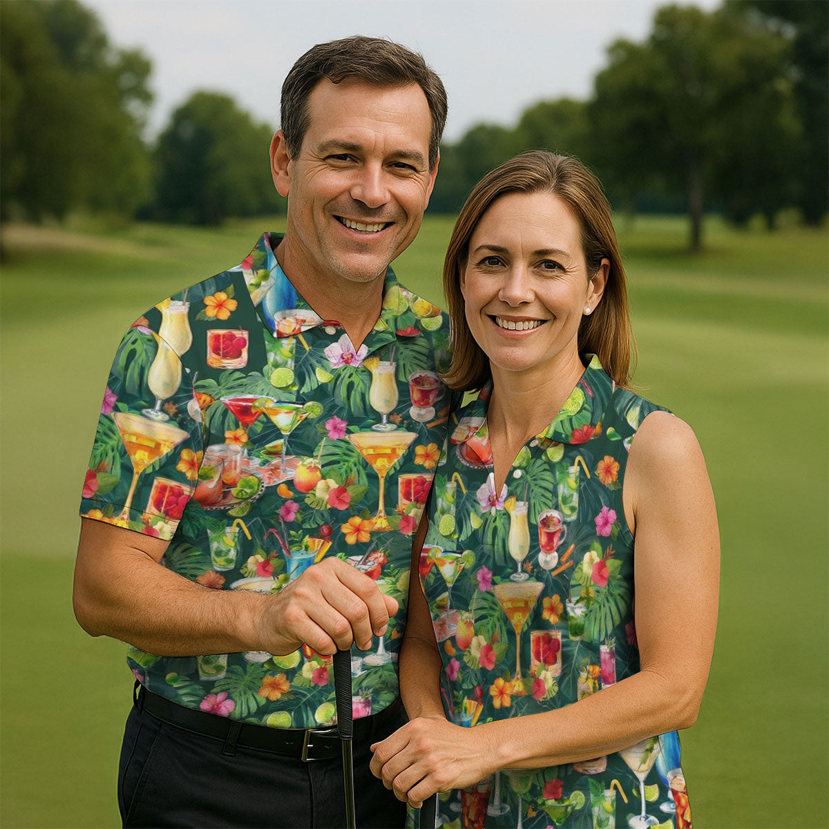 Tropical Cocktail Drinks And Floral Paradise Golf Polo, Hawaiian Golf Shirt, Golf Shirts For Men