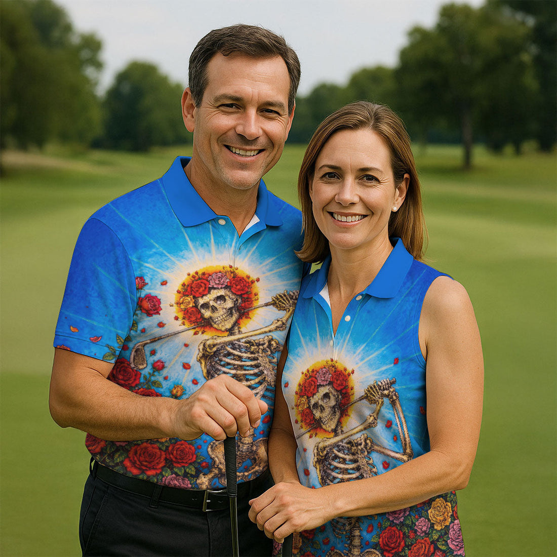 Skeleton Blowing Golf Club Halloween Polo Shirt, Men's Golf Shirt, Mens Golf Polo