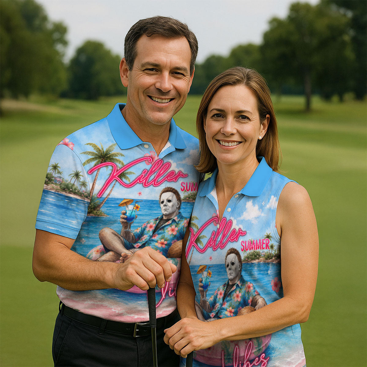 Killer Summer Vibes Tropical Slasher Golf Polo Shirt, Horror Character Men's Golf Shirt, Mens Golf Polo
