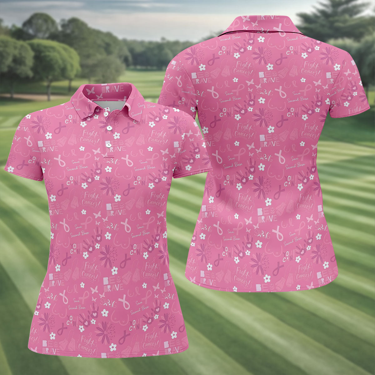 Save Second Base Fight Breast Cancer Polo Shirt, Women’s Golf Polo, Ladies Golf Shirts