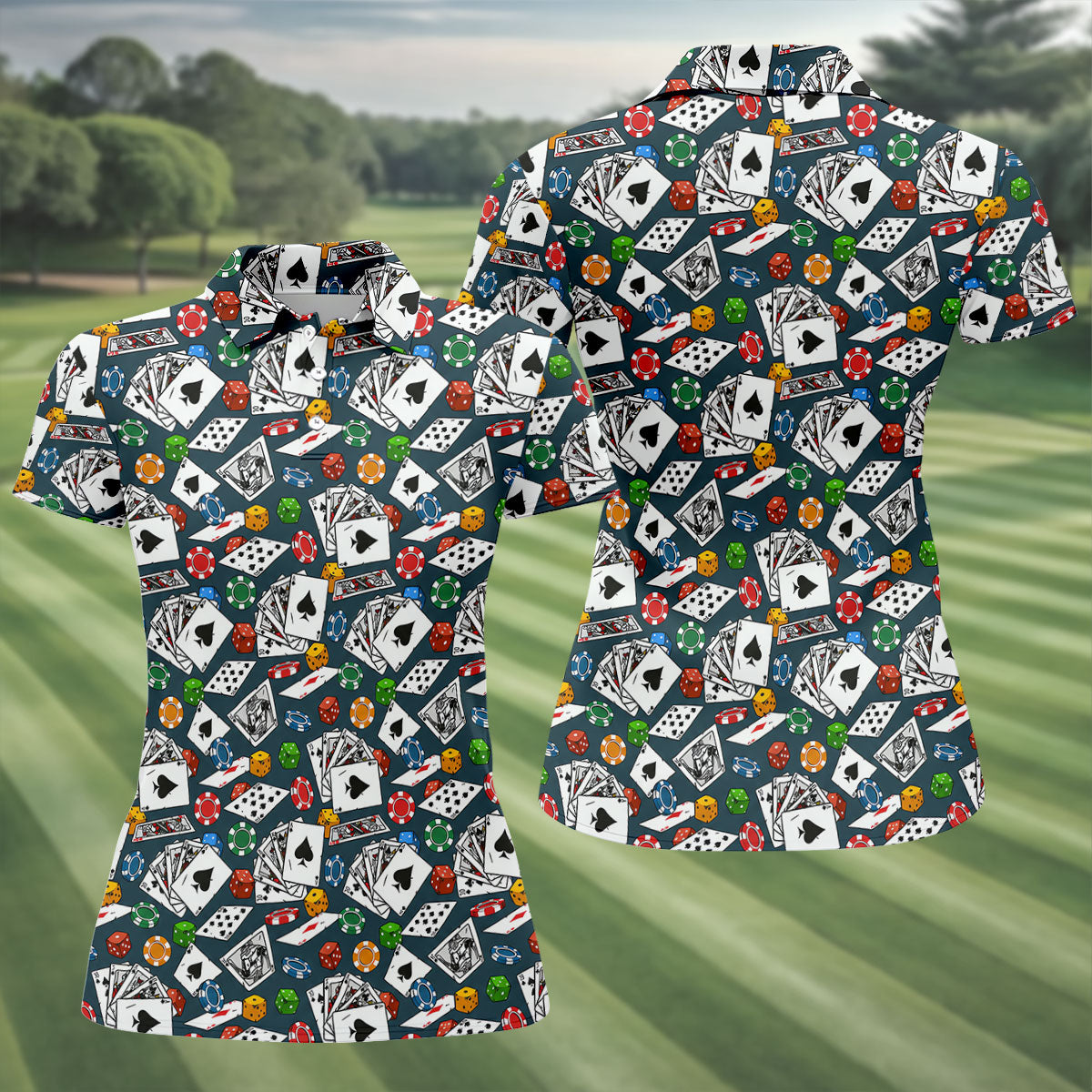 Poker Blackjack Hawaiian Golf Shirt, Playing Card Pattern Women's Golf Tops, Ladies Golf Shirts