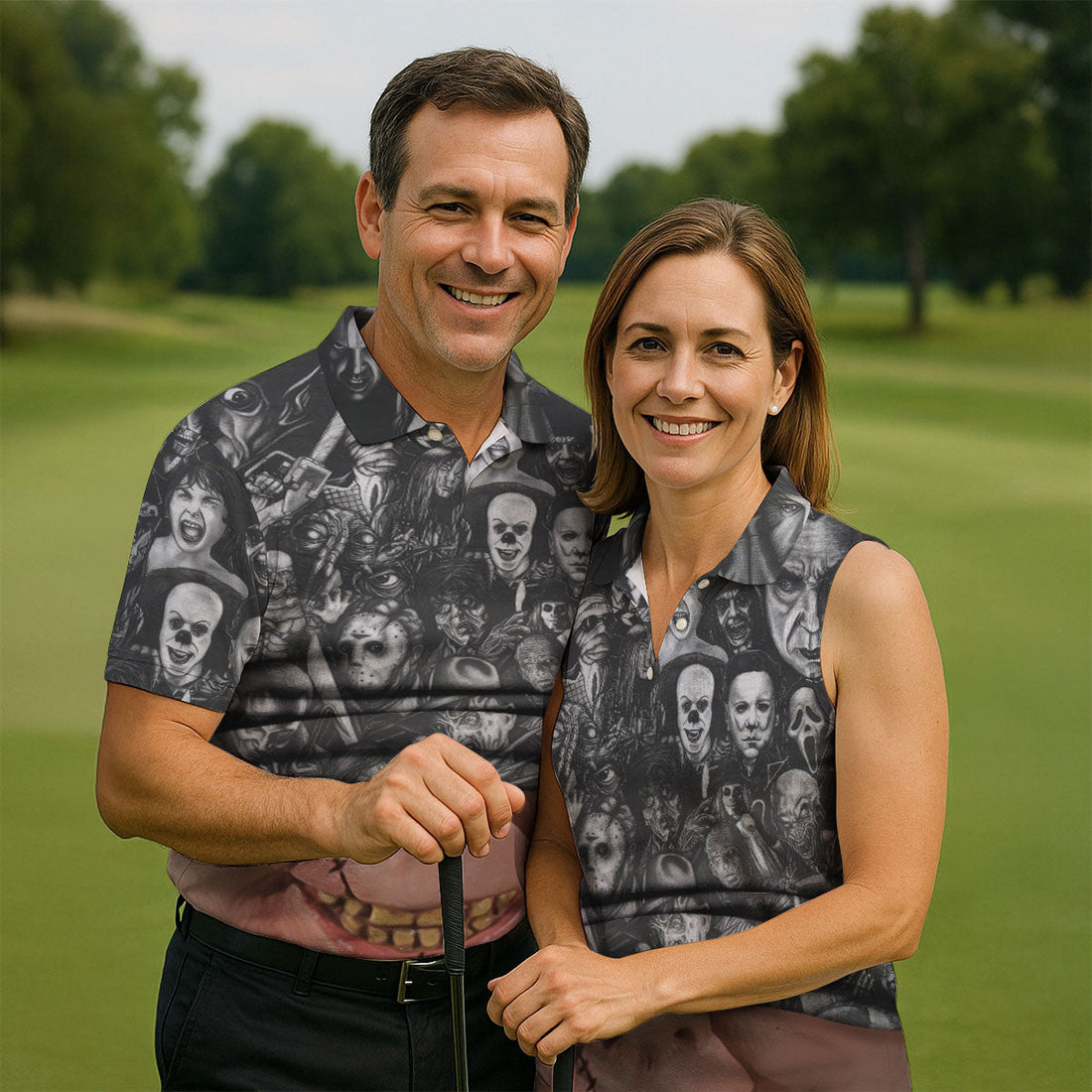 Stitched Face Horror Character Halloween Polo Shirt, Mens Golf Polo, Mens Golf Apparel