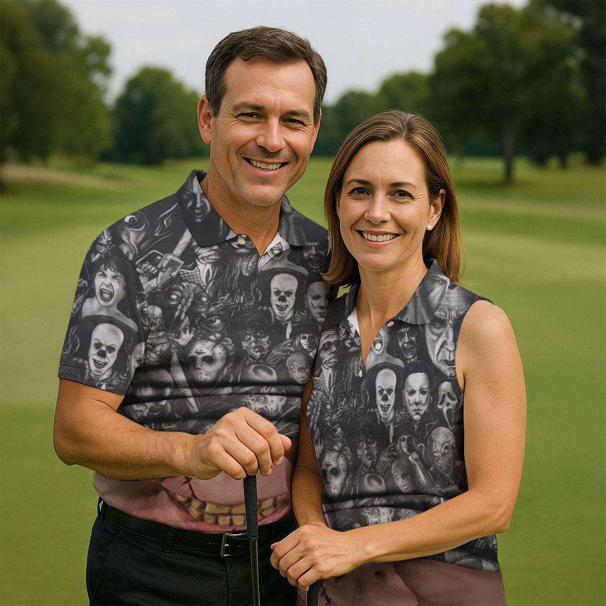 Stitched Face Horror Character Halloween Polo Shirt, Mens Golf Polo, Mens Golf Apparel