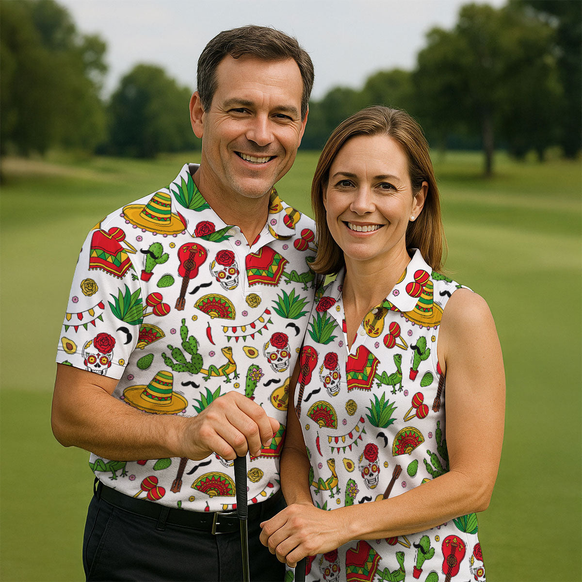 Mexican Instruments Funny Cacti Golf Tops For Men, Cinco De Mayo Celebration Golf Shirts For Men