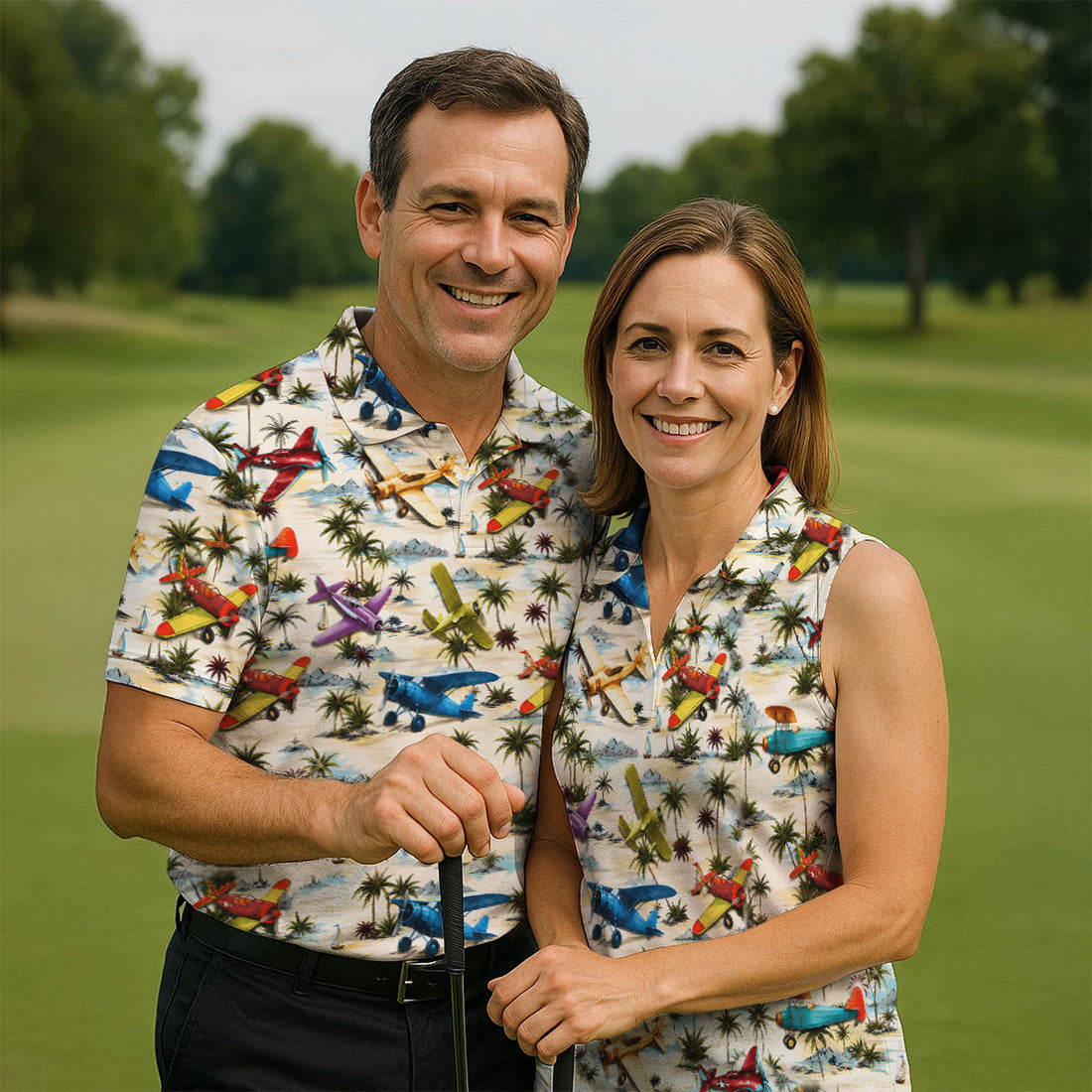 Vintage Airplane Hawaiian Golf Shirt, Tropical Aircraft Pattern, Polo Shirts For Men