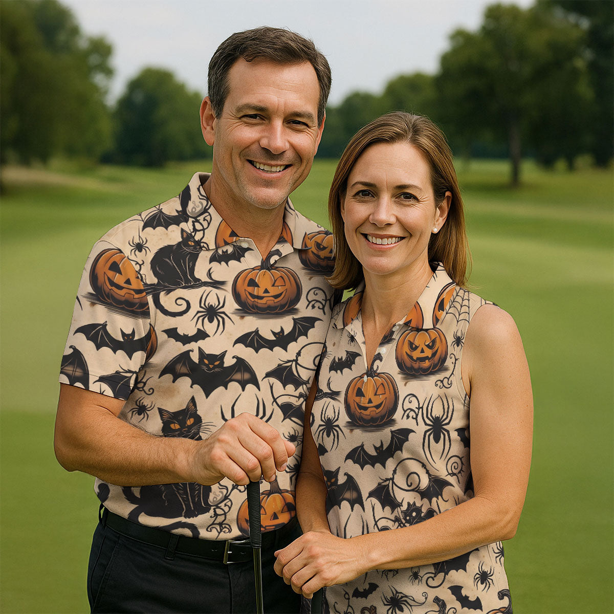 Vintage Halloween Cat Pumpkin Pattern Golf Polo Shirt, Mens Golf Polo, Hawaiian Golf Shirt