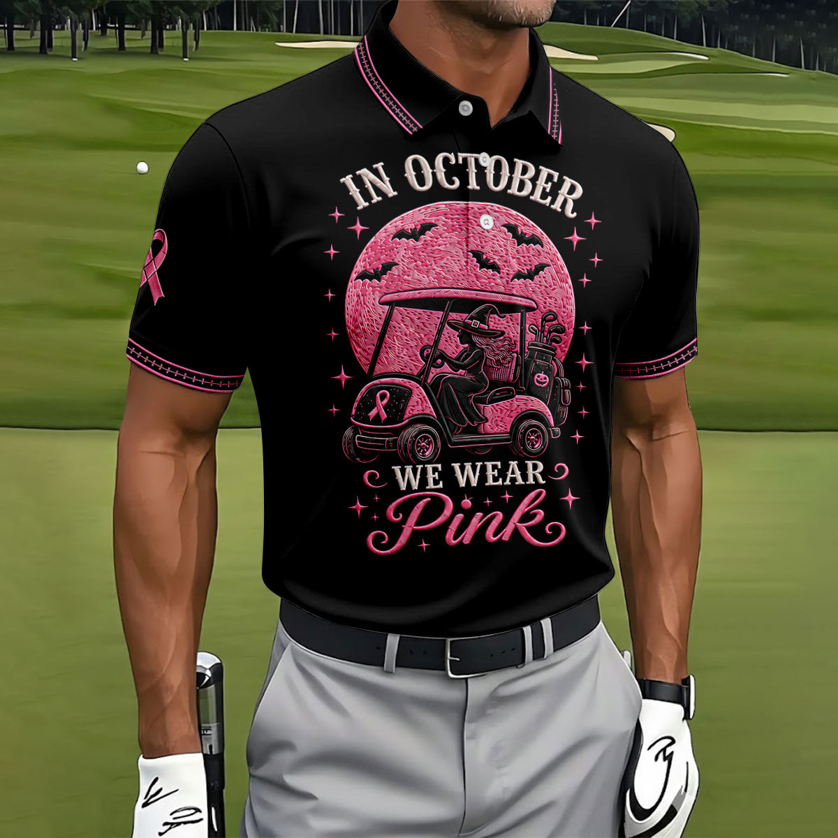 In October We Wear Pink Witch Breast Cancer Polo Shirt, Mens Golf Apparel, Printed Golf Shirts