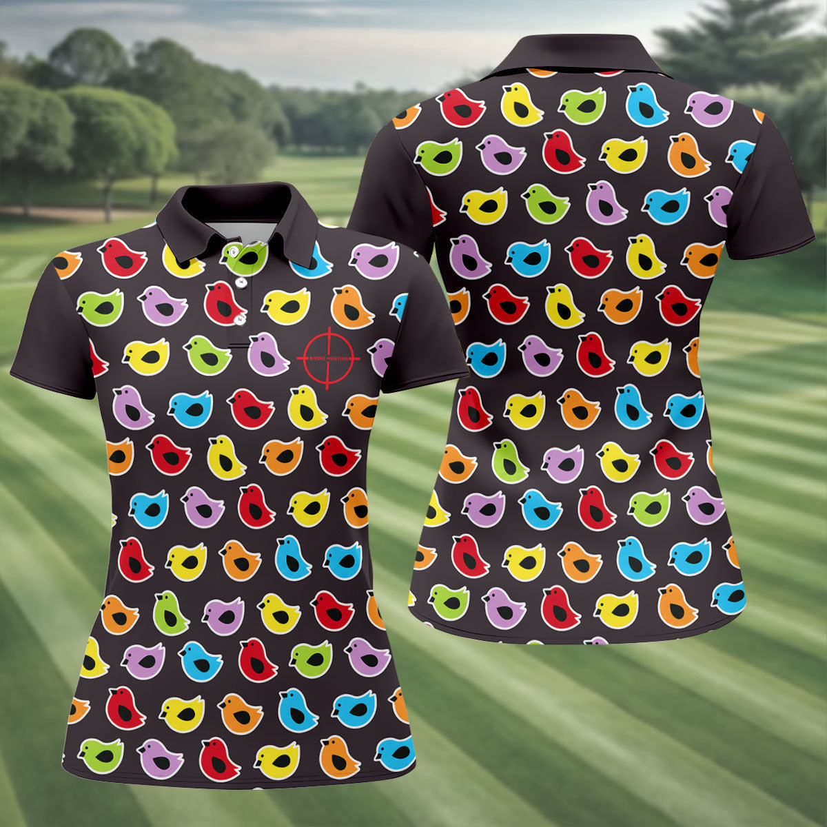 Black Colorful Birdie Hunting Golf Polo Shirt, Women's Golf Polo, Ladies Golf Top