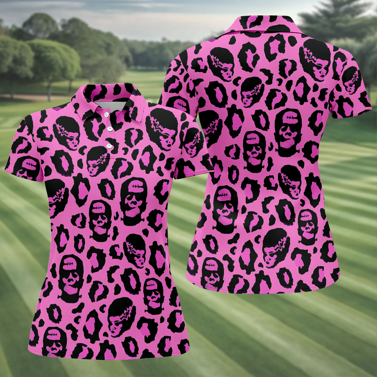 Leopard Print Horror Character Halloween Golf Polo Shirt, Golf Tops, Women's Golf Polo