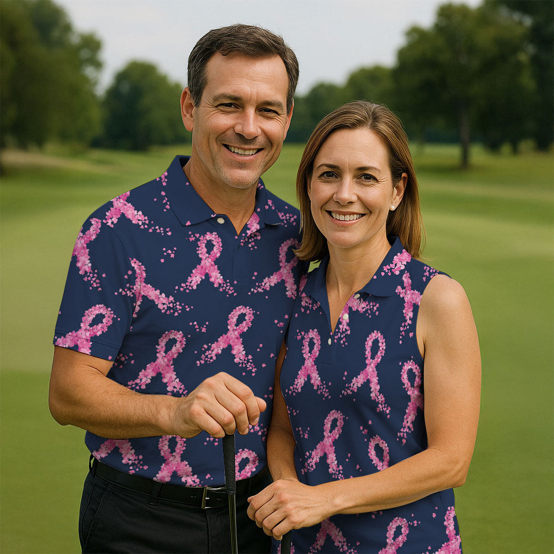 Pink Floral Ribbon Breast Cancer Awareness Polo Shirt, Men's Golf Shirt, Golf Apparel For Men