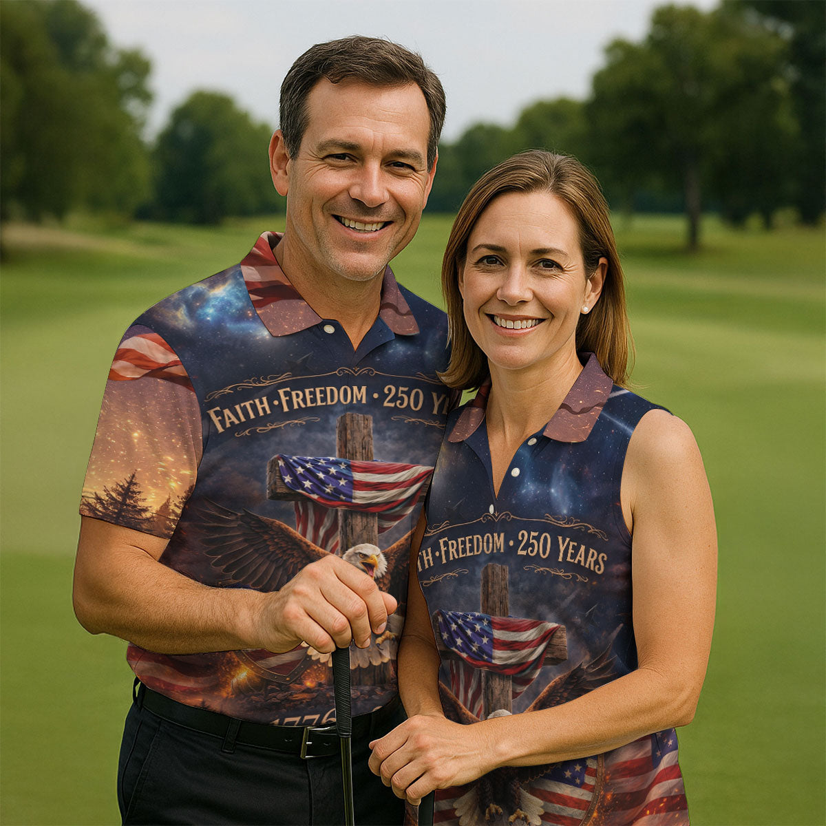 Faith Freedom 250 Years Galaxy Pattern US Flag Golf Shirt, Patriotic 4th Of July Golf Shirts For Men