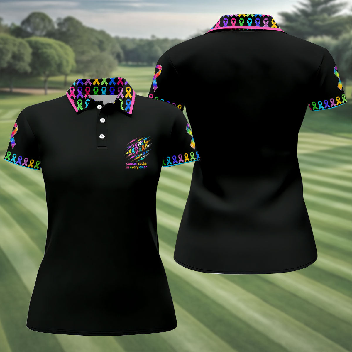 Cancer Sucks In Every Color Awareness Ribbon Golf Polo Shirt, Women's Golf Polo