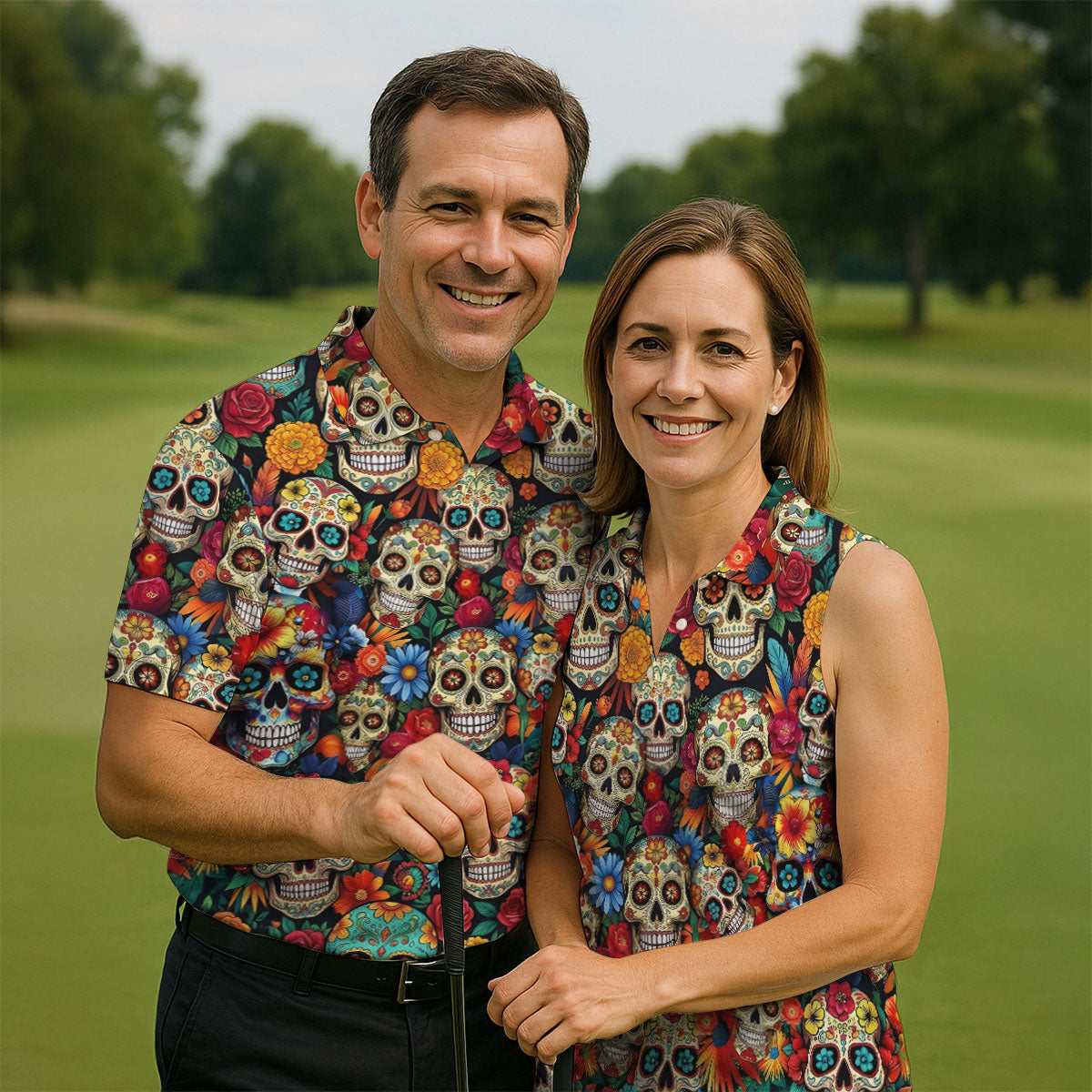 Sugar Skulls Cinco De Mayo Celebration Fiesta Golf Polo For Men, Floral Pattern Golf Shirts For Men