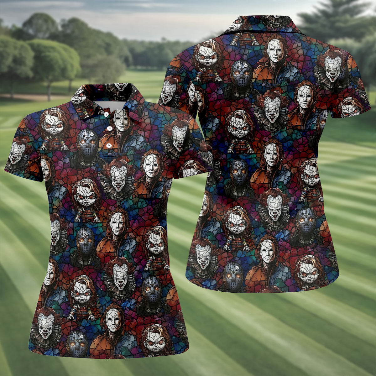 Stained Glass Horror Character Halloween Golf Shirt, Ladies Golf Shirts, Women’s Golf Polo