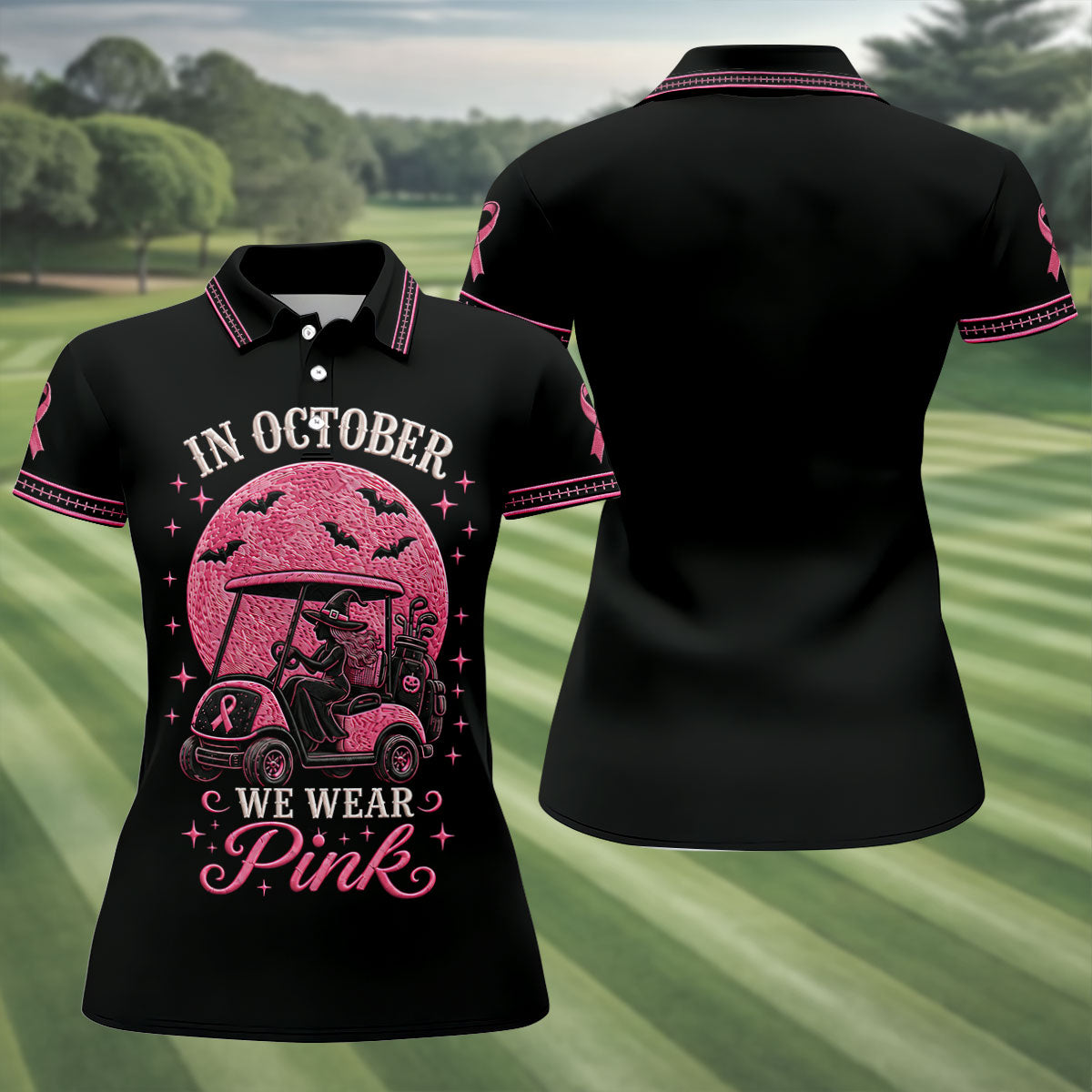 In October We Wear Pink Witch Breast Cancer Golf Polo Shirt, Golf Tops For Women