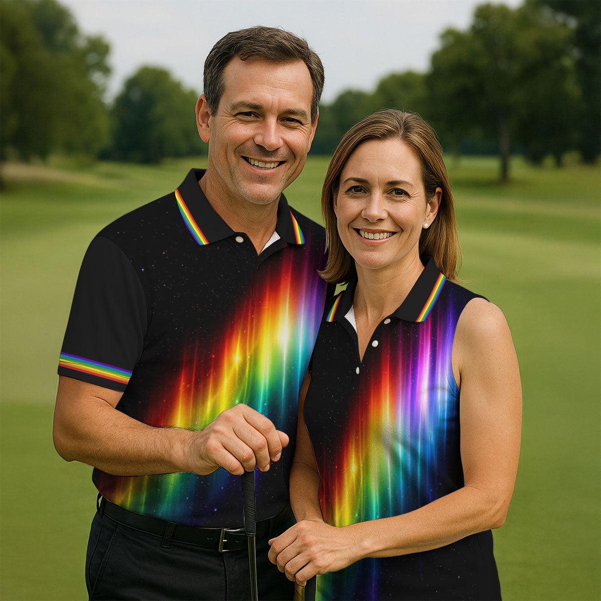 Rainbow Galaxy LGBT Support Gradient Golf Tops For Men, Pride Month Golf Shirts For Men