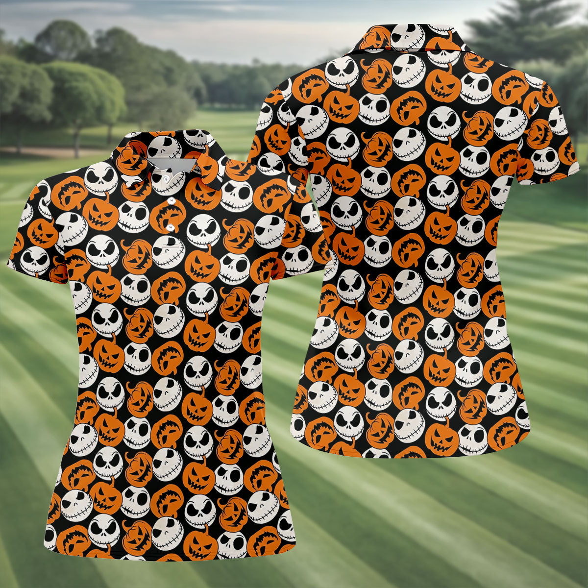 Halloween Skull Pumpkin Pattern Golf Polo Shirt, Ladies Golf Tops, Golf Shirts For Women