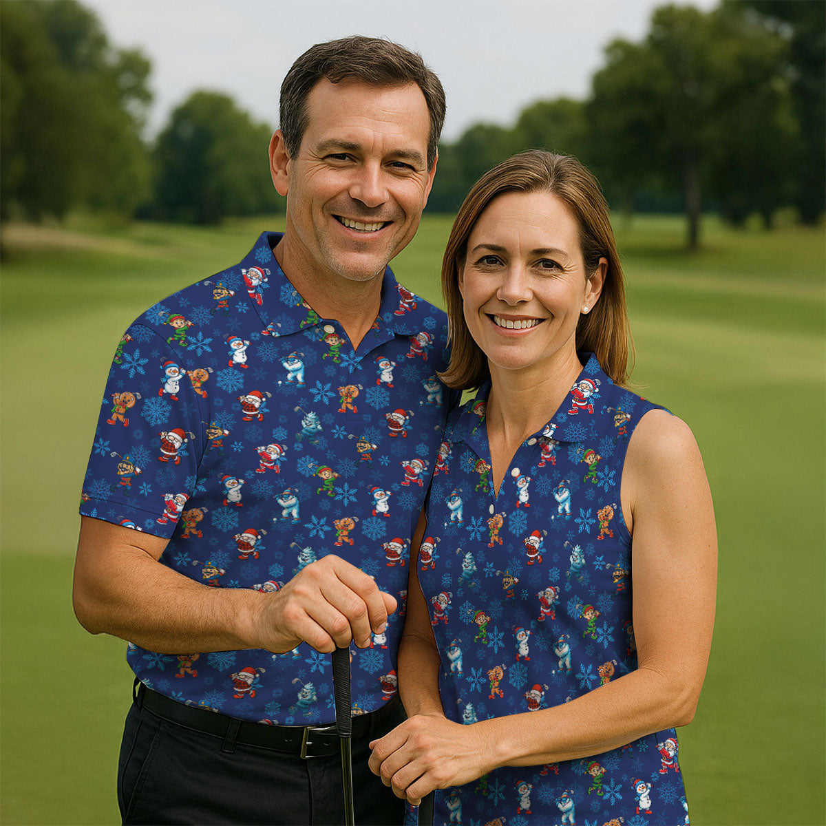 Funny Christmas Characters Golf Pose Navy Golf Shirt, Christmas Golf Shirt, Polo Shirts For Men