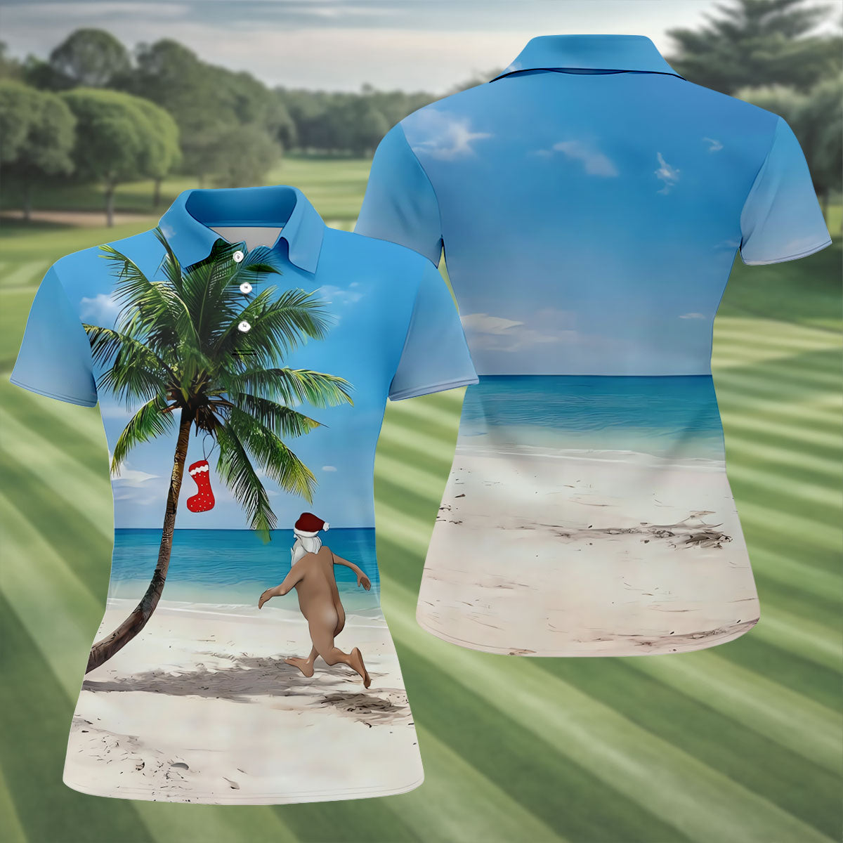 Funny Santa Running On Tropical Beach Christmas Golf Shirt, Women's Golf Tops, Golf Shirts For Women