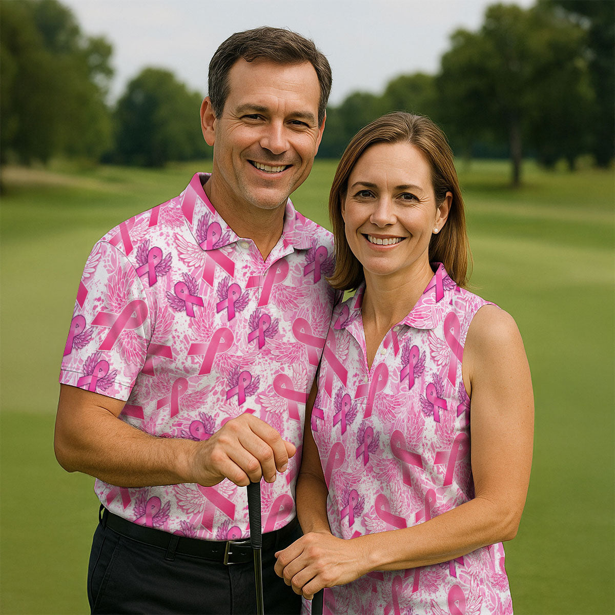 Breast Cancer Pink Ribbon Angel Wings Polo Shirt, Men's Golf Shirt, Golf Apparel For Men