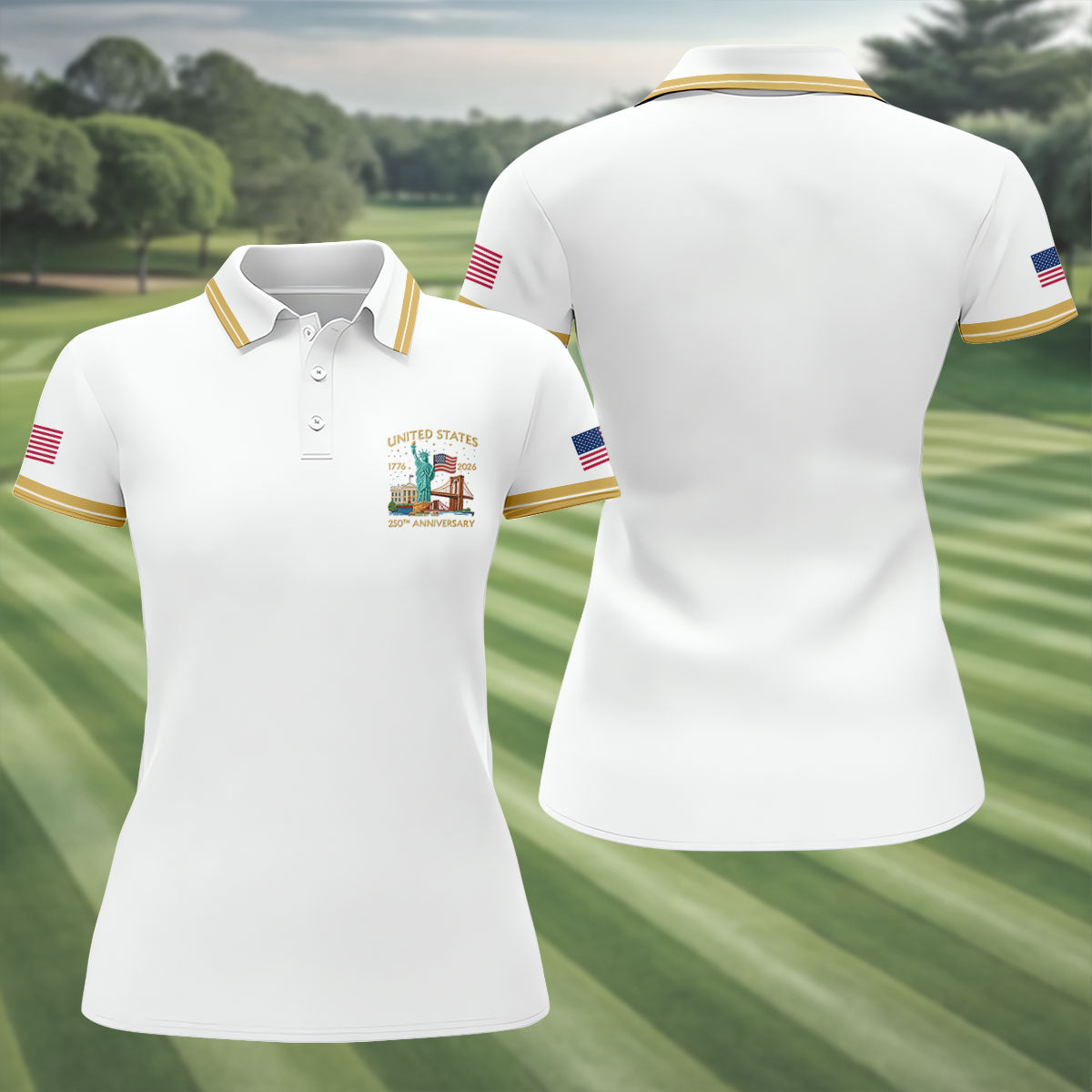 American Symbols White Patriotic Golf Shirt, US 250 Years 4th Of July Golf Shirt For Women