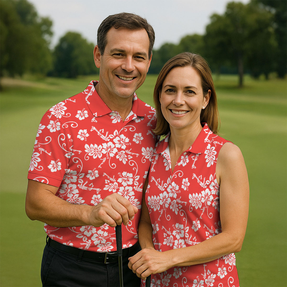 Tropical Flower Red Golf Shirt, Hawaiian Golf Shirt, Polo Shirts For Men, Golf Shirts For Men