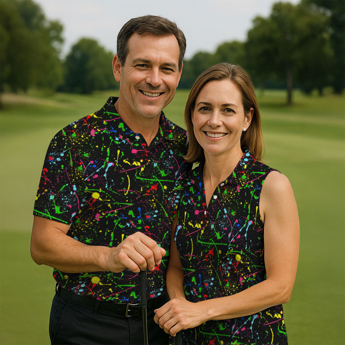 Black Neon Paint Splatter Golf Shirt, Men's Golf Shirt, Golf Apparel For Men