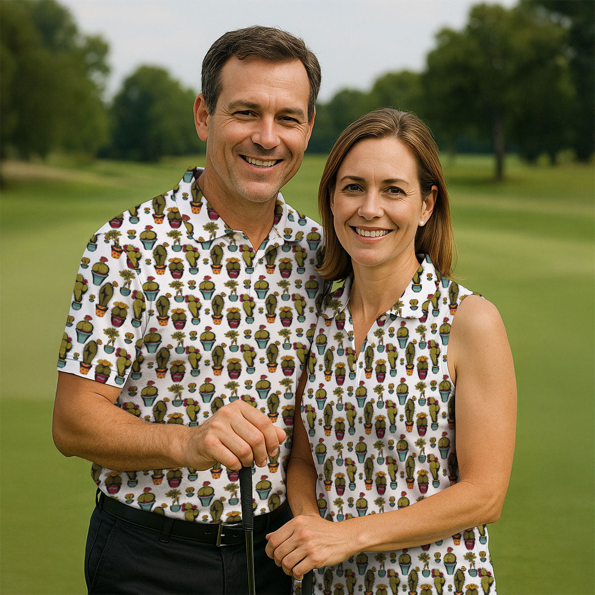 Cute Potted Cactus Pattern Golf Polo Shirt, Golf Apparel For Men, Printed Golf Shirts