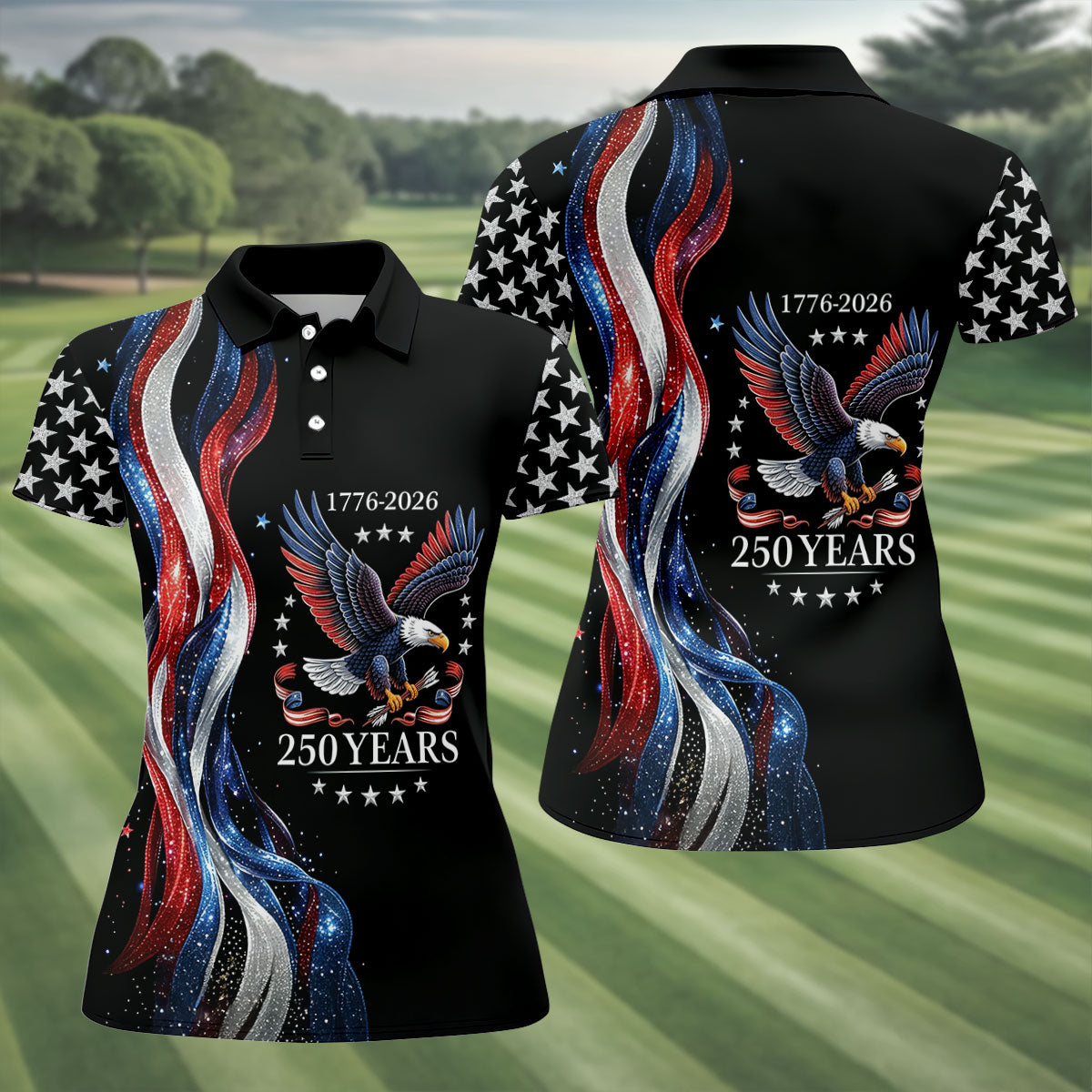 Bald Eagle Red White Blue Wavy Stripes Patriotic Golf Shirt, 250 Years 4th Of July Golf Shirt For Women