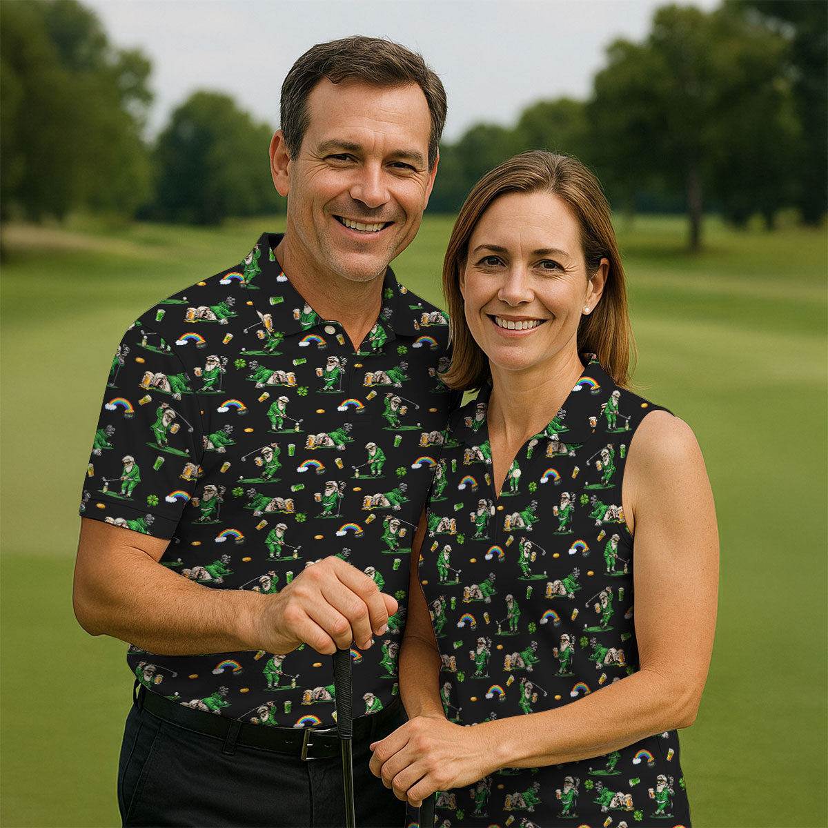 St Patrick's Day Leprechaun Character Golf And Beer Black Golf Shirt, Fun Women's Golf Shirts, Ladies Golf Polos