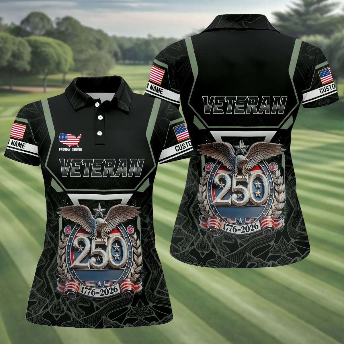 Personalized Veteran America 250 Polo Shirt Gray Accent, Women’s Golf Polo, Ladies Golf Shirts