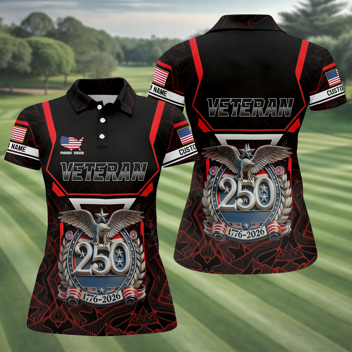 Personalized Veteran America 250 Polo Shirt Red Accent, Performance Golf Shirt, Golf Tops For Women