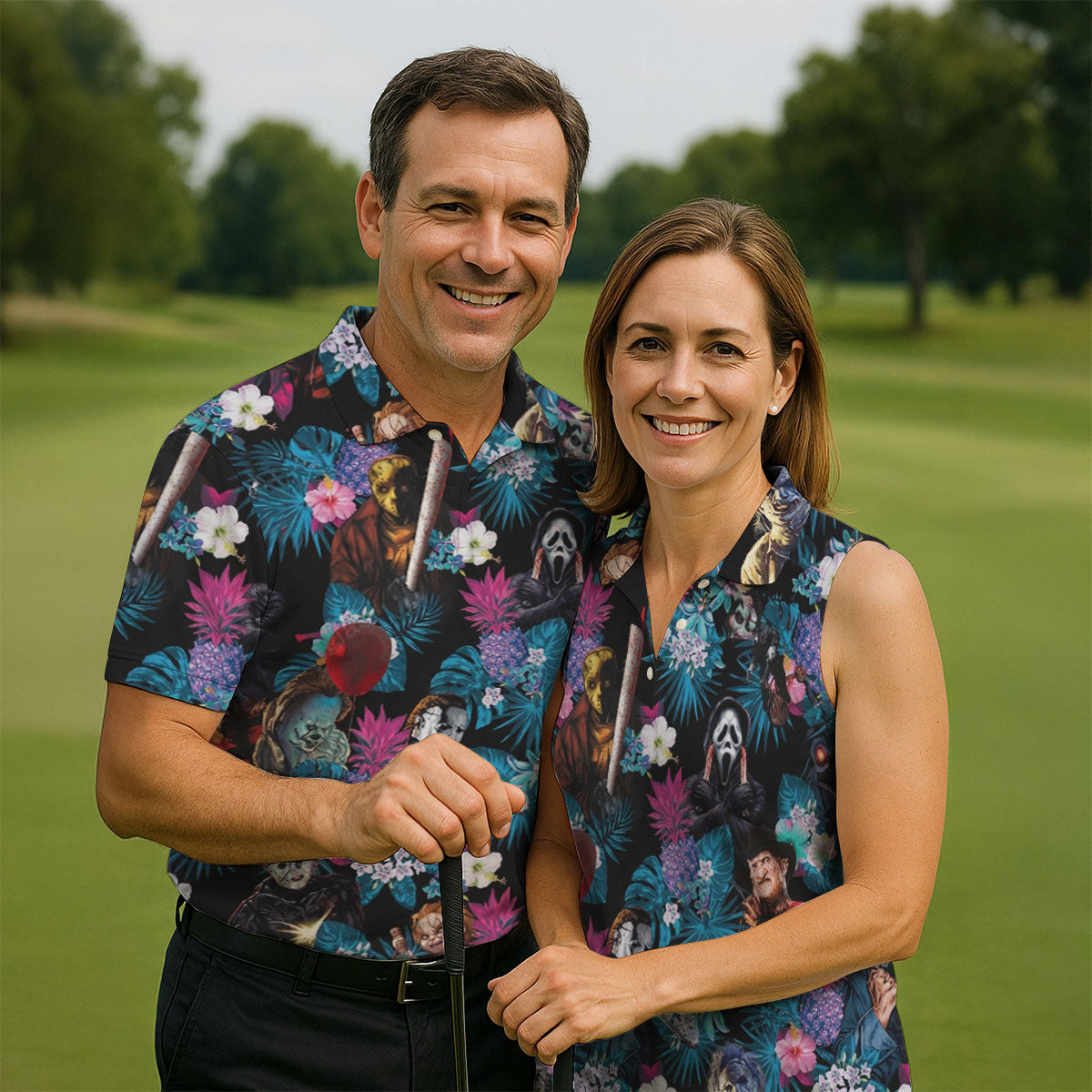 Tropical Horror Movie Villains Halloween Golf Polo Shirt, Hawaiian Golf Shirt, Mens Golf Apparel