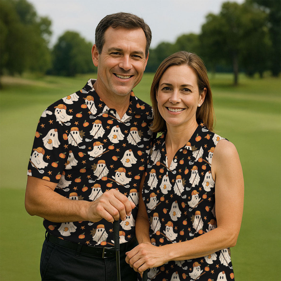 Boo Ghost Cute Pumpkin Halloween Black Golf Shirt, Halloween Gift Idea, Polo ShirtFor Men